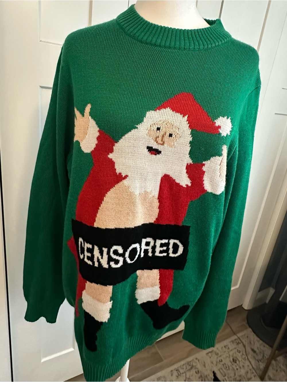 Tipsy Elves Green Santa Censored Novelty Crewneck Sweater